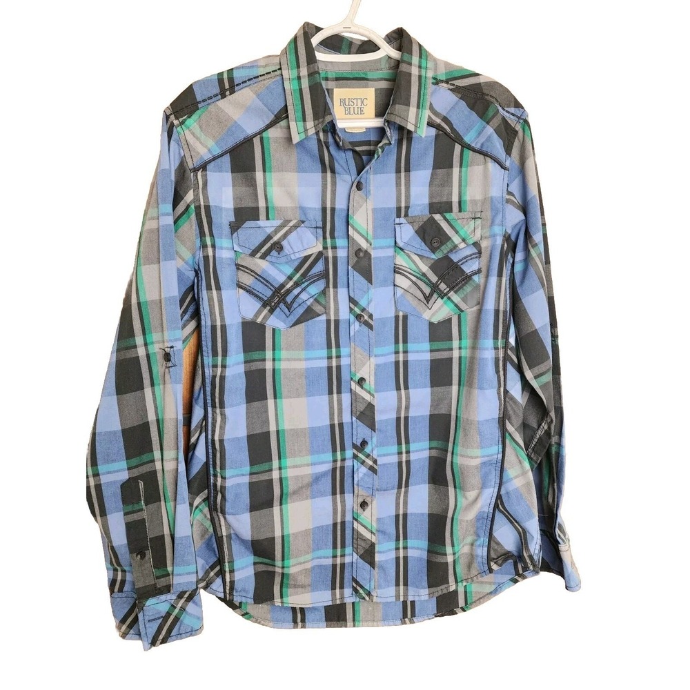 Rustic Blue Plaid Men's Long Sleeve Shirt Pockets Size‎ M Embroidery Western